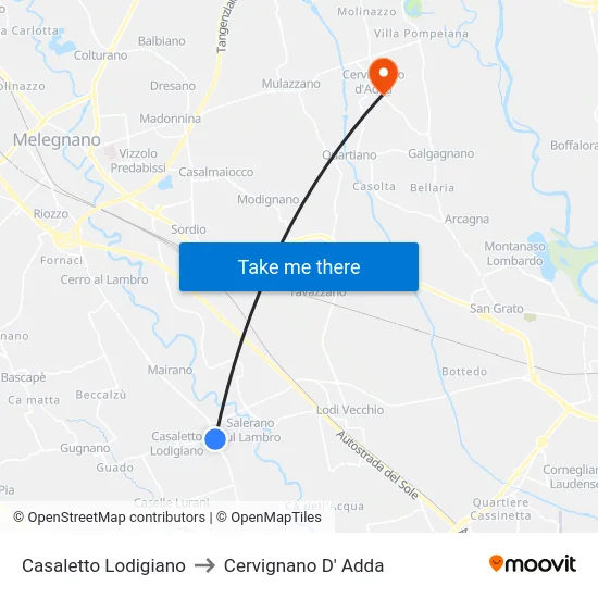 Casaletto Lodigiano to Cervignano D' Adda map