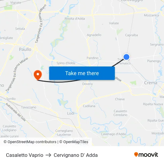 Casaletto Vaprio to Cervignano D' Adda map