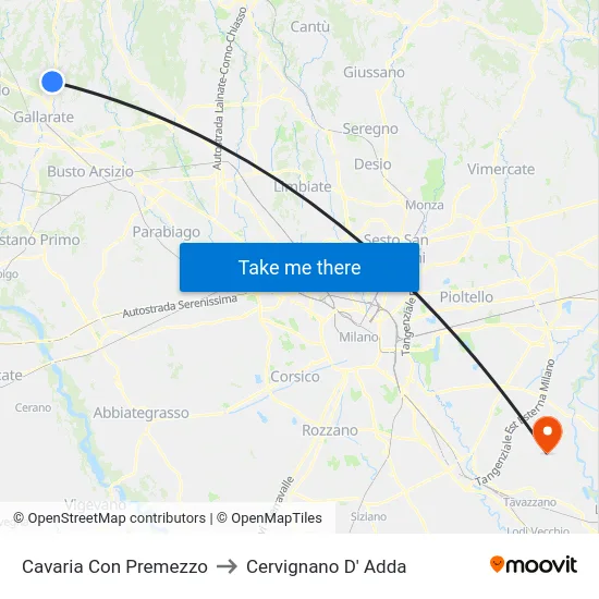 Cavaria Con Premezzo to Cervignano D' Adda map