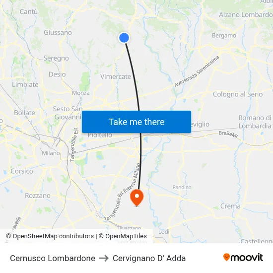 Cernusco Lombardone to Cervignano D' Adda map