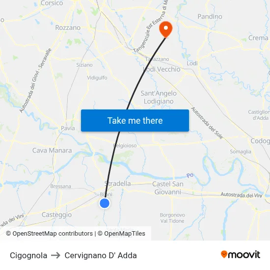 Cigognola to Cervignano d'Adda map