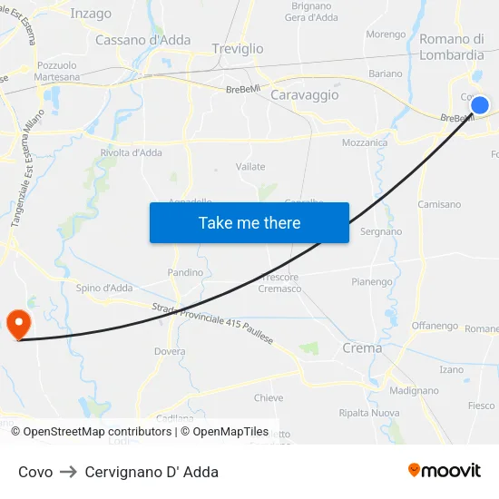 Covo to Cervignano d'Adda map