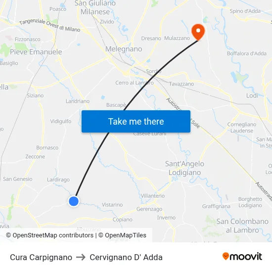 Cura Carpignano to Cervignano d'Adda map