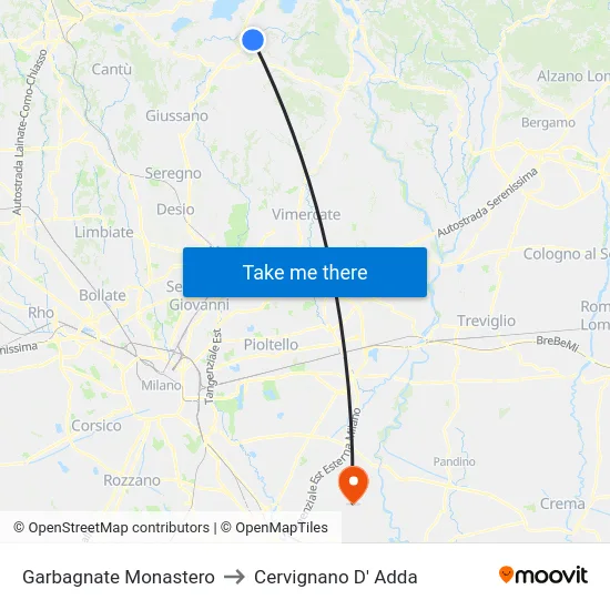 Garbagnate Monastero to Cervignano D' Adda map
