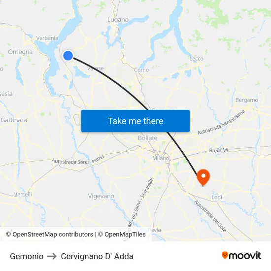 Gemonio to Cervignano d'Adda map