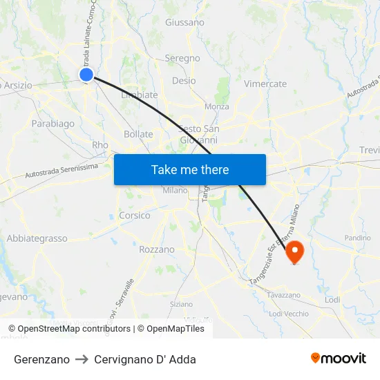 Gerenzano to Cervignano D' Adda map