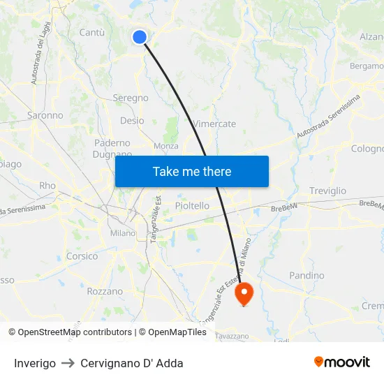 Inverigo to Cervignano d'Adda map