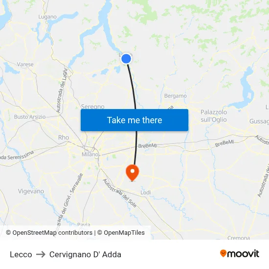 Lecco to Cervignano d'Adda map