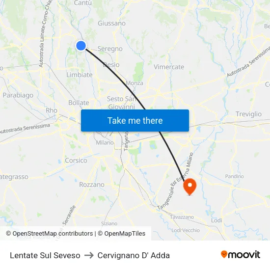 Lentate Sul Seveso to Cervignano D' Adda map
