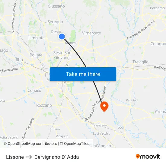 Lissone to Cervignano D' Adda map