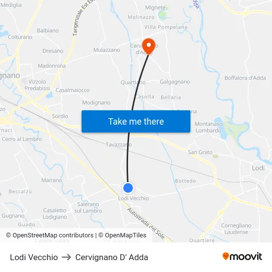 Lodi Vecchio to Cervignano D' Adda map