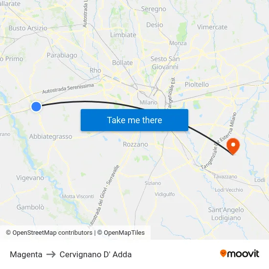 Magenta to Cervignano D' Adda map