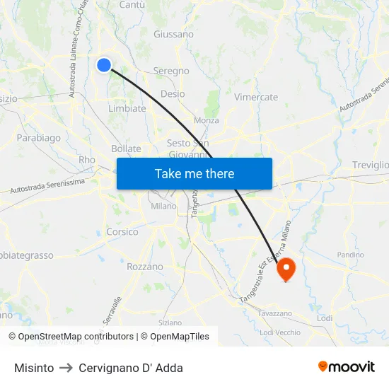 Misinto to Cervignano D' Adda map