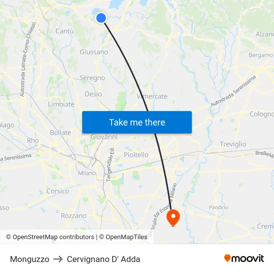 Monguzzo to Cervignano D' Adda map