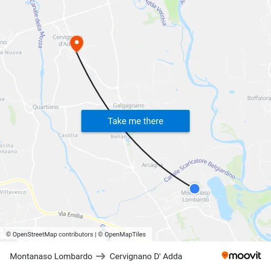Montanaso Lombardo to Cervignano D' Adda map