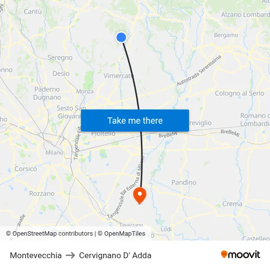 Montevecchia to Cervignano d'Adda map