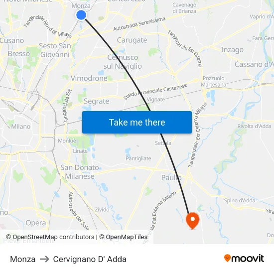 Monza to Cervignano D' Adda map