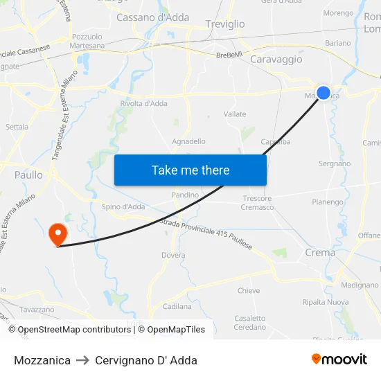 Mozzanica to Cervignano D' Adda map