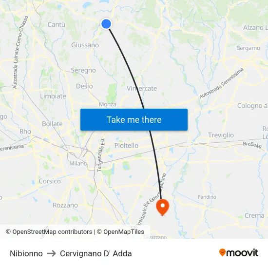 Nibionno to Cervignano D' Adda map