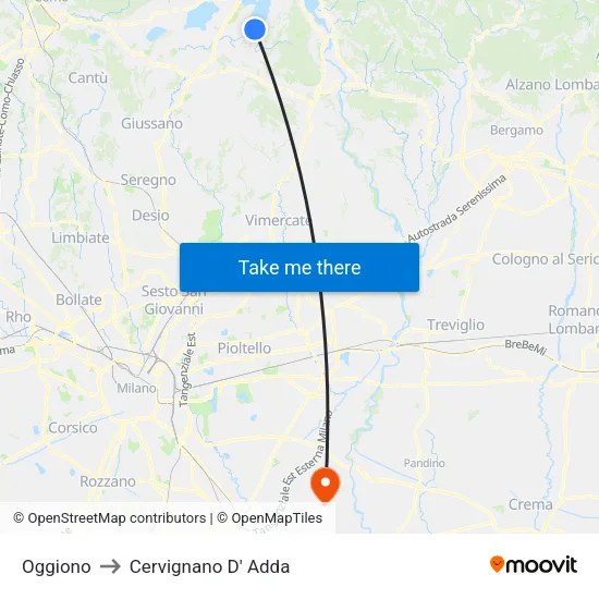 Oggiono to Cervignano D' Adda map