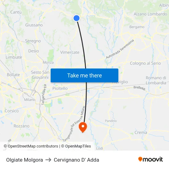 Olgiate Molgora to Cervignano D' Adda map