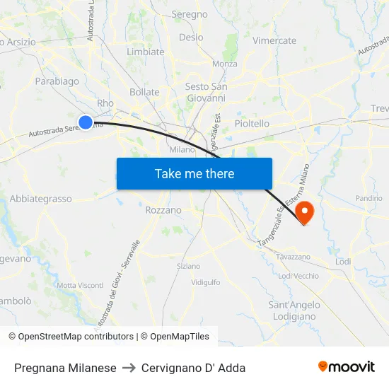 Pregnana Milanese to Cervignano D' Adda map