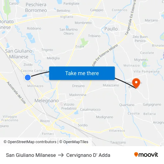 San Giuliano Milanese to Cervignano D' Adda map