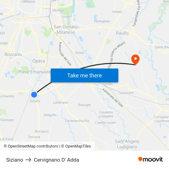 Siziano to Cervignano D' Adda map