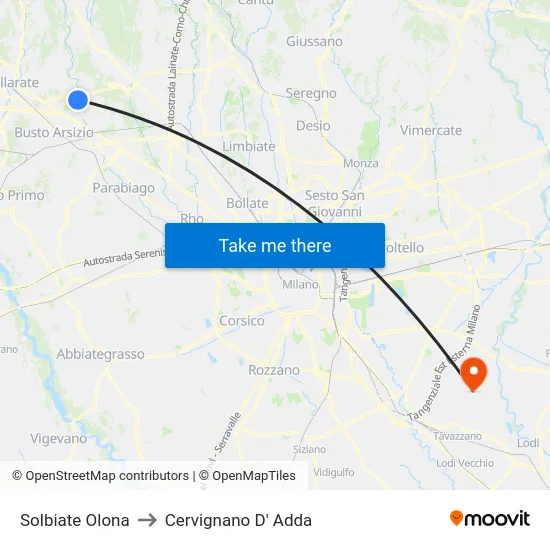 Solbiate Olona to Cervignano D' Adda map