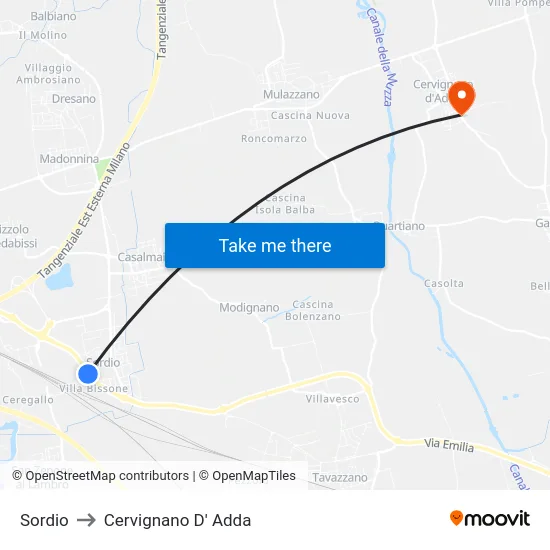 Sordio to Cervignano D' Adda map