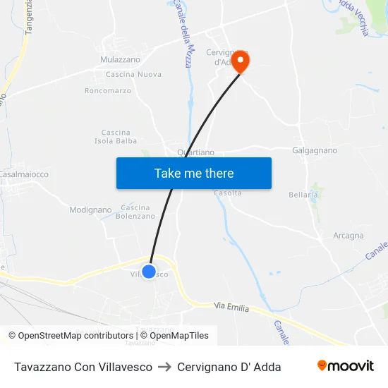Tavazzano Con Villavesco to Cervignano D' Adda map