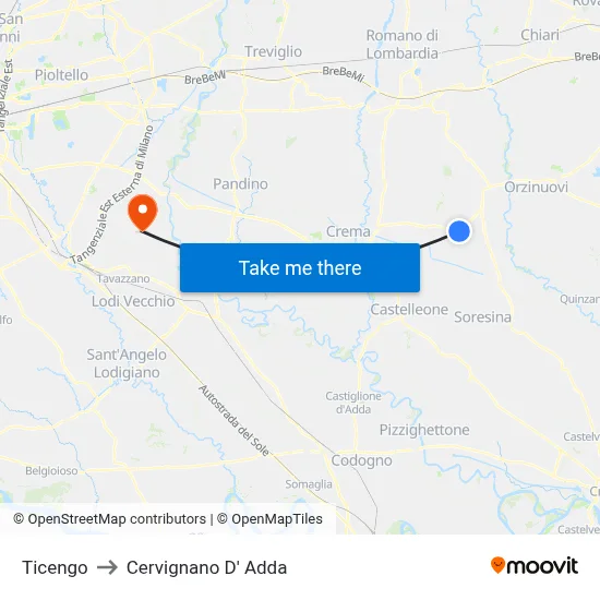 Ticengo to Cervignano d'Adda map