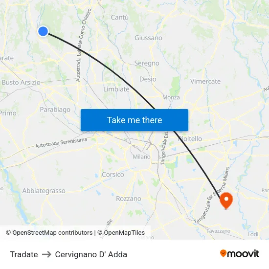 Tradate to Cervignano D' Adda map