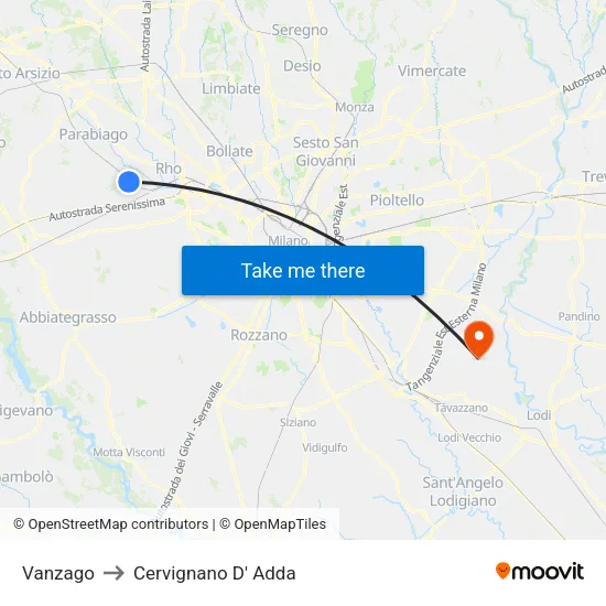Vanzago to Cervignano D' Adda map