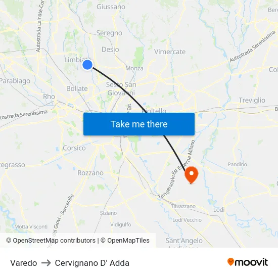 Varedo to Cervignano D' Adda map