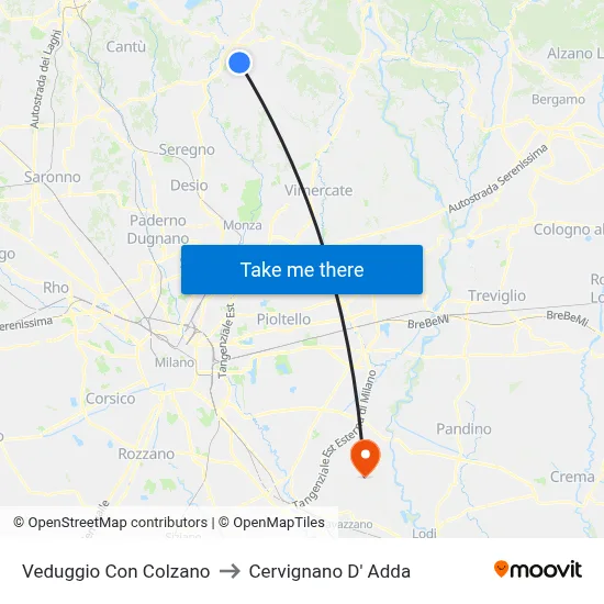 Veduggio con Colzano to Cervignano d'Adda map