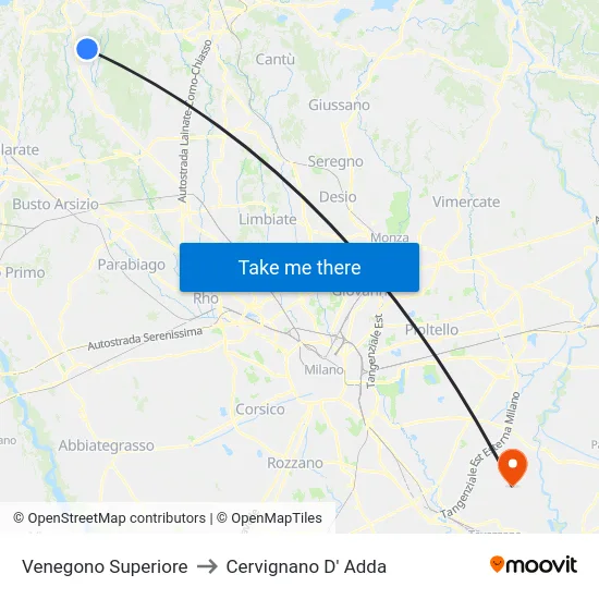 Venegono Superiore to Cervignano D' Adda map