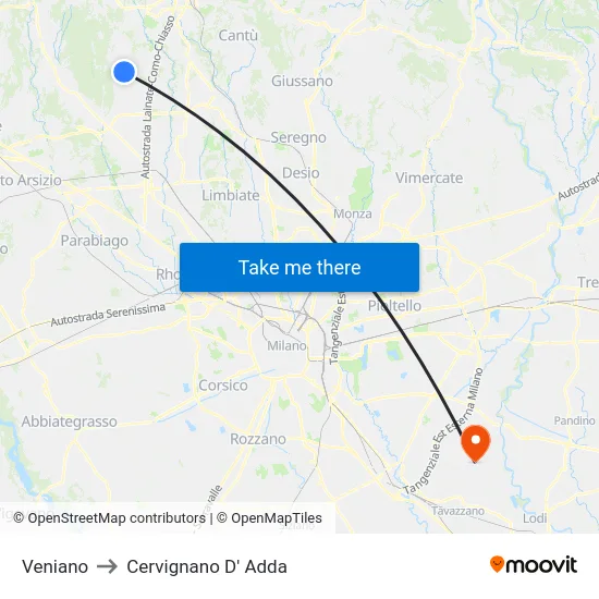 Veniano to Cervignano D' Adda map