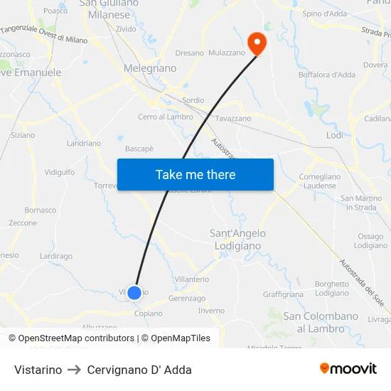 Vistarino to Cervignano d'Adda map