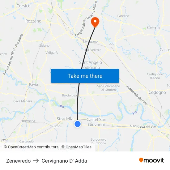 Zenevredo to Cervignano D' Adda map