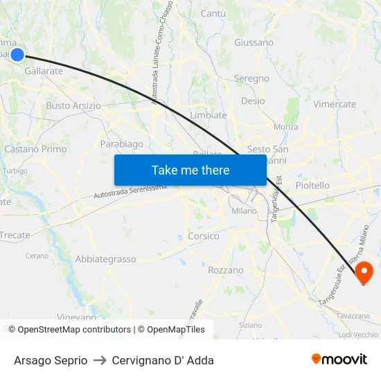Arsago Seprio to Cervignano D' Adda map