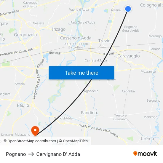 Pognano to Cervignano d'Adda map