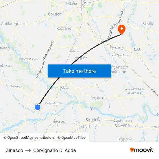 Zinasco to Cervignano D' Adda map