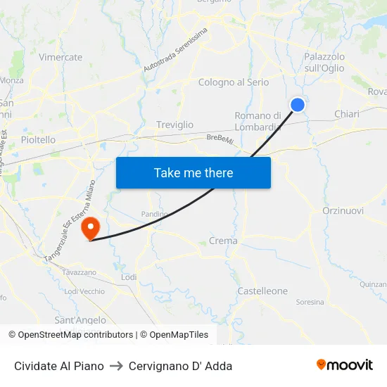 Cividate Al Piano to Cervignano D' Adda map