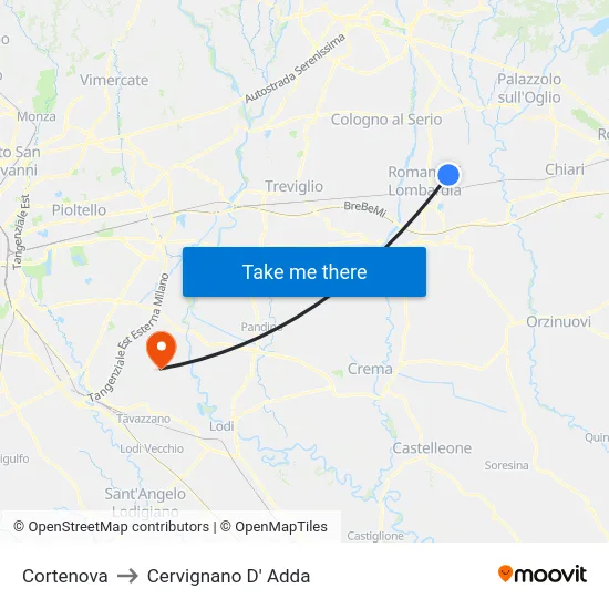 Cortenova to Cervignano D' Adda map