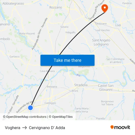 Voghera to Cervignano D' Adda map