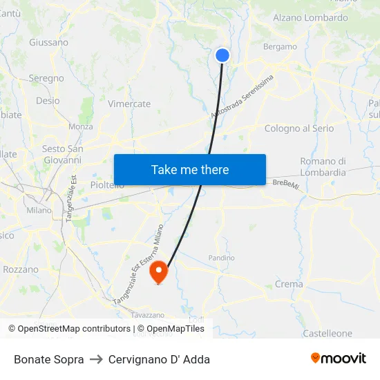Bonate Sopra to Cervignano D' Adda map