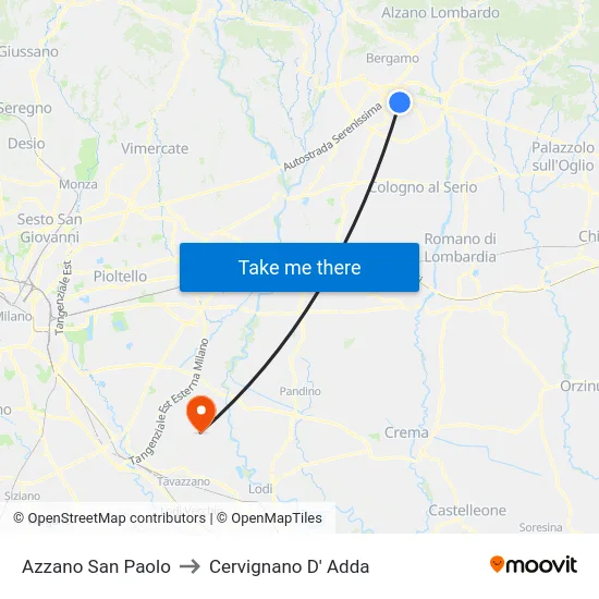 Azzano San Paolo to Cervignano D' Adda map