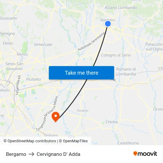 Bergamo to Cervignano D' Adda map