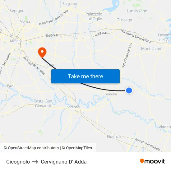Cicognolo to Cervignano d'Adda map
